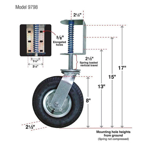 Tough As Nails Eight Inch Spring Loaded Pneumatic Gate Caster With Easy Install Universal Mount Bracket, showing size and spring features.