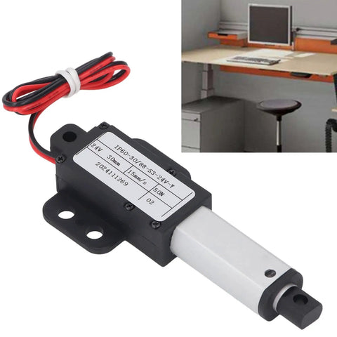 Compact 24V Linear Actuator With Splash Proof Housing And Zero Drama Wiring For Custom Builds Smooth One Point Two Inch Stroke mounted on workshop desk.