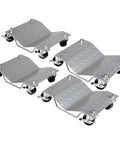 Heavy Duty Set Of 4 Auto Wheel Dollies With Six Thousand Pound Capacity Powder Coated Steel Tire Moving Cart Tough As Nails For Rolling Cars Trucks Trailers Motorcycles And Boats Silver, showcasing four dolly carts on wheels.