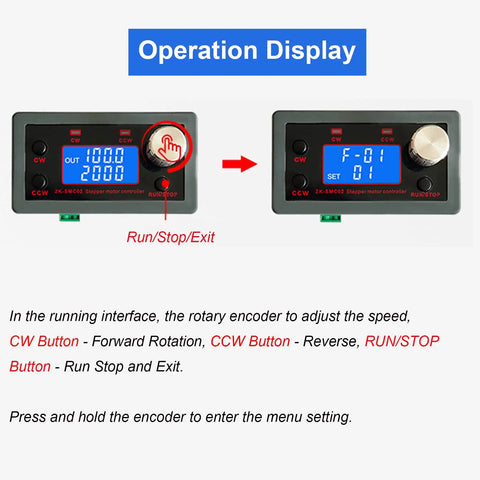LCD interface of All In One Stepper Motor Driver Controller With Forward And Reverse Pulse Speed Control PLC Serial Communication DC 5 To 30V 4A Universal For NEMA 17 And NEMA 23 Motors Multiple Control Modes For Real Time Motion showing operation display settings