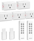 Wireless Remote Control Outlet Kit with 5 outlets and 2 remotes, white, showing all components including wall mounts