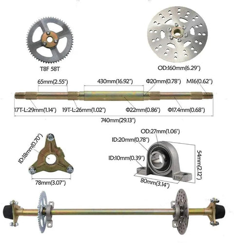 Rear Axle Kit With Brake Assembly For Go Kart, 740mm Axle, 58T Sprocket, 160mm Discs, Master Cylinder And Caliper, No Chain