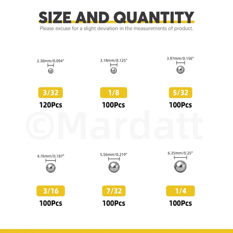 Boss Grade 620 Piece 304 Stainless Steel Ball Assortment Kit Featuring Six Kickass Sizes Sizes displayed with quantity details and measurements.