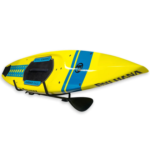 Heavy Duty Swivel Kayak Rack For Garage Walls That Folds Flat Saves Floor Space Keeps Your Watercraft Secure While Delivering Badass Storage Vibes For All Water Enthusiasts with kayak in yellow and blue colors.