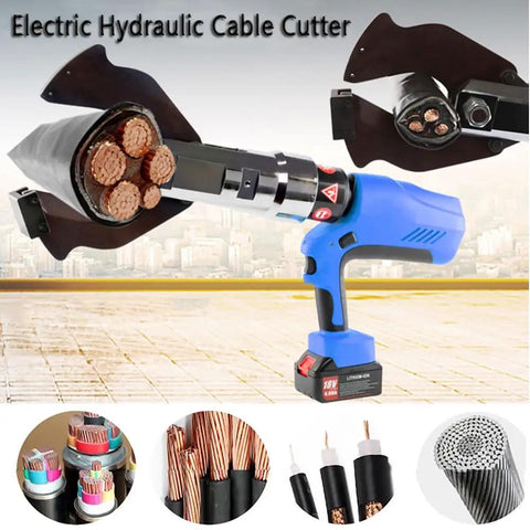 Electric Ratchet Hydraulic Cable Cutter With LED Display And Battery, showing cutting blades on thick copper cable.