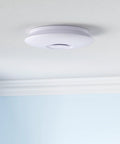 Ceiling view of Dimmable 15 Inch LED Ceiling Light With Bluetooth Speaker, 24W, App Control Via Smartphone, flush mount, modern white finish