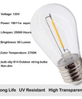 Close-up of 25 Pack Replacement LED Bulbs For S14 String Lights Shatterproof Waterproof 1 Watt Equivalent To 11 Watt Incandescent Warm White 2700K E26 Medium Base Non Dimmable with specifications listed.