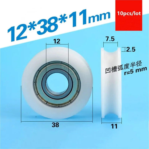 Dead Serious U Groove Plastic Coated Bearings 6001ZZ With Tough POM Nylon Wrapped Pulleys 12 X 38 X 11 MM Specs close-up view with dimensions.