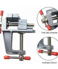 Rock Solid Portable Aluminum Bench Vise for Small Parts Desktop Clamp for Drilling and Filing Hands Free Stability to Lock Tiny Pieces in Place Handy Compact Vise Clamp for Precise Work, mini aluminum vise with red handles