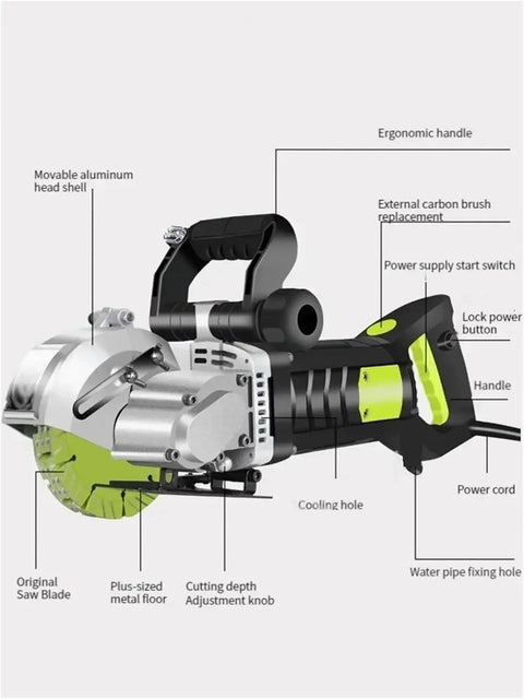Heavy Duty Workhorse Handheld Wall Slotting Machine And Laser Guided Brick Concrete Groove Cutter showing ergonomic handle and saw blade.
