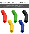 Five colorful motorcycle gear shift lever shoe protectors, including black, part of the Two Pack Motorcycle Gear Shift Lever Shoe Protector, Universal Anti Slip Shifter Cover, Heat Resistant Pedal Protector For Street, Dirt Bikes And ATVs, Keeps Your Kicks Clean And Your Shifter From Scuffs And Marks, Black.
