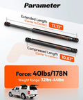 Bulletproof Gas Strut Lift Support For Pickup Truck Toppers And Camper Shells, showing extended 17.13" and compressed 10.83" measurements.