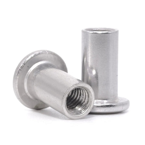 Kid Safe M6 X 15mm Binding Barrel Caps For Cribs, Zinc Plated Steel Screw Parts Compatible With Ikea Part 110301, two metal binding caps close-up.