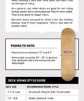 Skateboard width and riding style guide highlighting sizes for different rider needs and deck suitability for tricks and cruising.