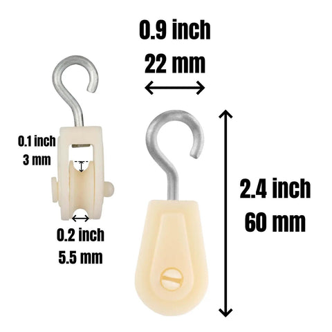 Close-up of a nylon pulley measuring 60mm, featuring a steel swivel hook for the 15 Piece Nylon Pulley Sets Featuring Slick Steel Swivel Hooks For A Dead Smooth 360 Degree Spin Heavy Duty Mini Sheaves Built For Rock Solid Rigging And Zero Sweat Setup Outdoors.