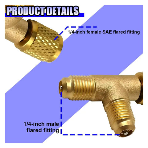 1/4 Inch SAE AC Valve Core Tee Adapter With Brass Swivel Connector for HVAC line repair visible with flared fittings