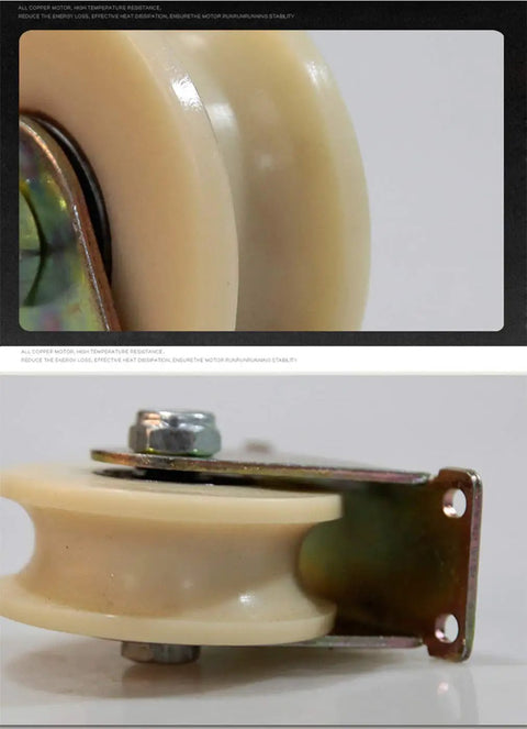 Built Tough Nylon V Groove Track Wheels With Double Bearings For Smooth Sliding Door Roller Pulley Swap Out, showing nylon wheel and steel bracket.