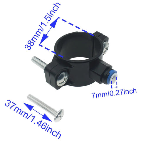 Drain Saddle Valve Clamp One Quarter Inch Quick Connect Fitting showing dimensions, suitable for RO Systems.