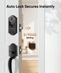 Rock Solid Slick Fingerprint Smart Front Door Lock Set Featuring Keyless Entry Handle Setup And Smooth Touchscreen Keypad With Seamless Bluetooth App Access And Heavy Duty Deadbolts Finished In Oil Rubbed Bronze auto lock with touchscreen keypad installed on a modern door