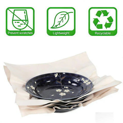Kickass Packing Supplies Bundle Featuring Thick Foam Wrap Roll And Dense Cushion Mats For Smooth Sailing And No Damage Hauling On Large Household Moves stacked plates protected by cushioning paper.
