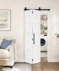 36 X 84 Inch White Primed Five Panel Bifold Barn Door Ready To Paint Top Shelf Interior Closet And Pantry Slider With No Sweat Folding Action And Dual Sided Molded Panels, showcased in a cozy living room context.