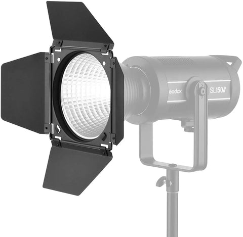 Heavy Hitter Seven Inch Barn Door Lighting Kit With Adjustable Honeycomb Grid And Four Pumped Up Color Gel Filters For Dialing In Crisp Beams On Standard Studio Flash Heads mounted on a Godox SL150.