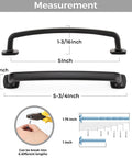 Set Of 10 Matte Black 5 Inch Arch Pulls With Curved Flat Square Design showing measurements and screw size options.