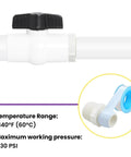 PVC pipe fitting with black valve, highlighting temperature range and pressure, featuring 16 Piece PVC Pipe Fittings Reducer Bushing Coupling From Half Inch To Three Quarter Inch, Male To Female And Male Fittings With PTFE Tape For DIY Plumbing, Sink Drain And Pipe Connections.