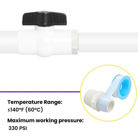 PVC pipe fitting with black valve, highlighting temperature range and pressure, featuring 16 Piece PVC Pipe Fittings Reducer Bushing Coupling From Half Inch To Three Quarter Inch, Male To Female And Male Fittings With PTFE Tape For DIY Plumbing, Sink Drain And Pipe Connections.