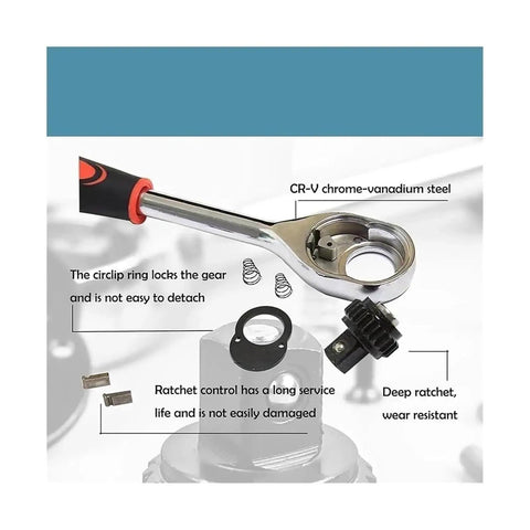 Top Shelf Chrome Vanadium Socket Wrench Set With Ratchet Handle And Extension Bar For Home Repair Precision Metric Sockets close-up of ratchet mechanism and CR-V steel components.