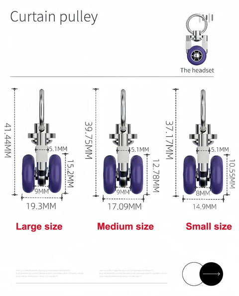 Heavy Duty Silent Curtain Track Gliders 20 Piece Pack with three sizes of metal pulleys for smooth gliding on double rails.