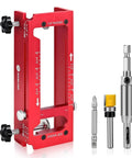 Pro Grade Door Hinge Template Kit For Router, Adjustable Mortise Jig Fits 2.5 To 5 Inch Hinges And Various Thicknesses, 1/4 And 5/8 Radius And Square Corner Types, Lightweight Aluminum 6061 Anodized For Precise Install, front view with components included