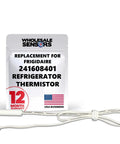 Packaging for Premium Refrigerator Thermistor Replacement 241608401 With 12 Month Warranty And USA Support, coiled wire visible