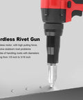 Heavy Duty Cordless Rivet Gun Kit With 18V Battery And Built In Led Lamp Auto Catch And Spit Mechanism Smooth Moving Electric Pop Riveter Tool Full Rivet Case For Garage Tasks Or Weekend Dude Projects close-up of rivet head and base.