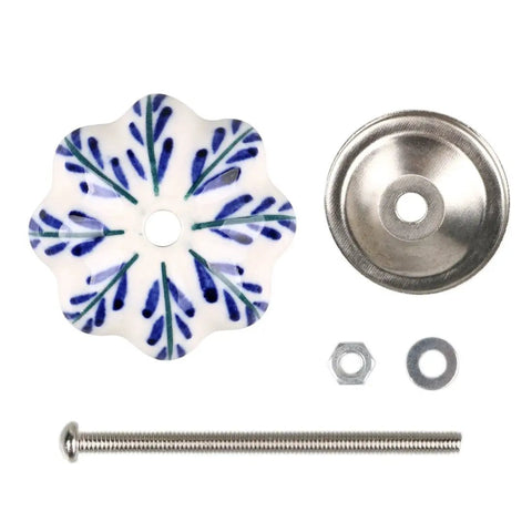 Snag These Six Piece Vintage Shabby Ceramic Cabinet Knobs With Hand Painted White And Blue Floral Drawer Pulls For Cupboard And Dresser Hardware To Level Up Your Home Decor Game Today - blue floral knob and metal hardware.