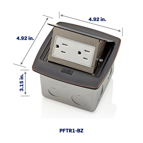 Pop Up Floor Box With 15 Amp Tamper Resistant Outlet Bronze Finish PFTR1BZ with dimensions and low profile metal cover