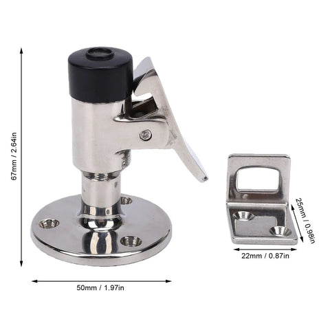 Rock Solid Heavy Duty 316 Marine Door Stopper And Holder Catch Brushed Stainless Steel Build with spring latch and wall mount.