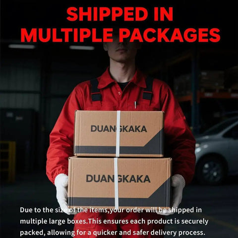 Worker holding two boxes labeled DUANGSKAKA, showcasing multiple packages for secure delivery.