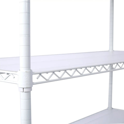 Close-up view of Seven Tier Heavy Duty Wire Shelving Unit With Wheels Adjustable Metal Rolling Rack, showing white metal frame and shelves.