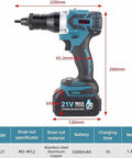 Badass Professional Cordless Rivet Gun With Fast Charge Battery Brushless Motor side view with specifications and dimensions.