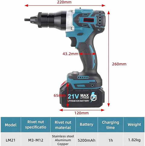 Badass Professional Cordless Rivet Gun With Fast Charge Battery Brushless Motor side view with specifications and dimensions.