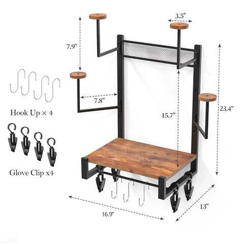 Heavy Duty Motorcycle Helmet Holder Wall Mount with oak timber and steel, dimensions and hooks for garage organization.