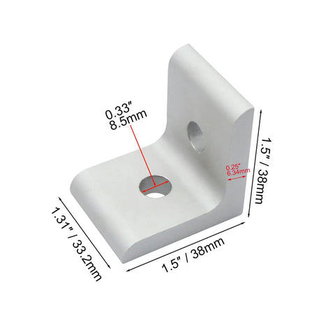 Single aluminum bracket from 10 Pack Inside Corner Brackets For 15 Series 4040 T Slot Aluminum Extrusions 2 Hole 90 Degree Corner Mounts Diy Friendly Heavy Duty Aluminum Brackets For Built To Last Frame Building showing dimensions.