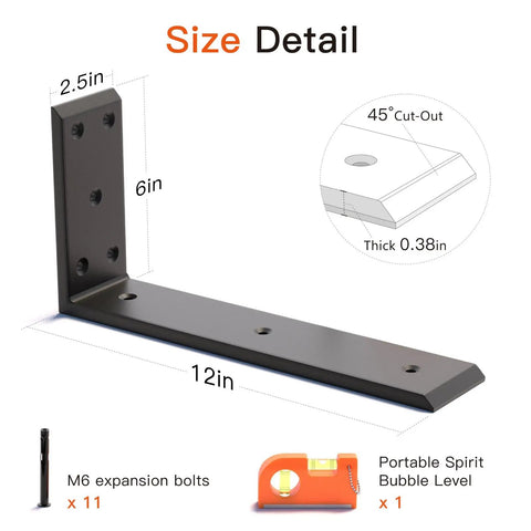Heavy Duty 12 Inch Countertop Support Brackets Matte Black 2 Pack Premium Steel Floating L Brackets size detail with measurements