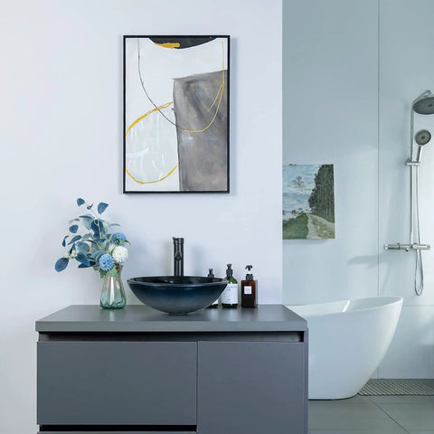 Dope Look Vessel Sink For Your Bathroom, Tempered Glass Vanity Bowl In Blue With Oil Rubbed Bronze Faucet And Pop Up Drain in a bathroom.