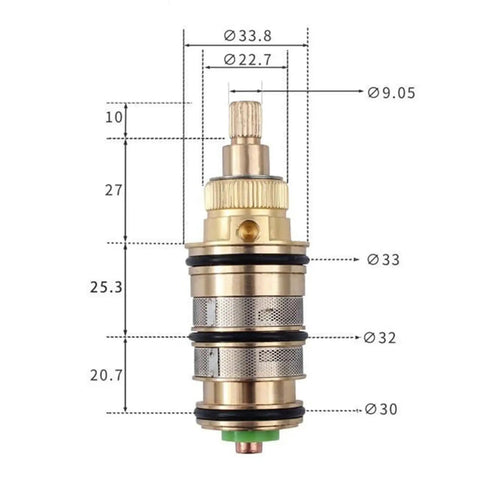 Premium Solid Brass Thermostatic Shower Valve Cartridge For Bathroom Plumbing Projects Quick Swap Hot Cold Water Mixing Easy Install with dimensions.
