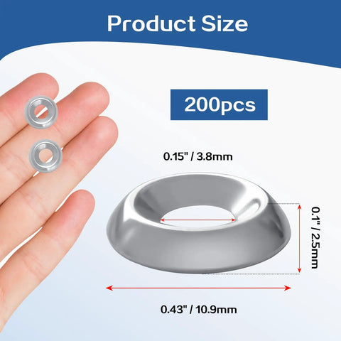 Badass 304 Stainless Steel Countersunk Cup Washers 200 Pack Size Six, showcasing sizes 0.15" and 0.43" against a hand.