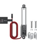 12V Mini Linear Actuator Featuring A 2 Inch Stroke And 64 Newton Thrust shown with wiring and mounting accessories.