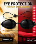 Top Shelf 4 Pack Semi Clear Safety Glasses For Tanning Beds And Sunbeds No Sweat Adjust Red Light Therapy Goggles With See Through Lenses and Laser Beauty Treatments displayed against beach and red light background.