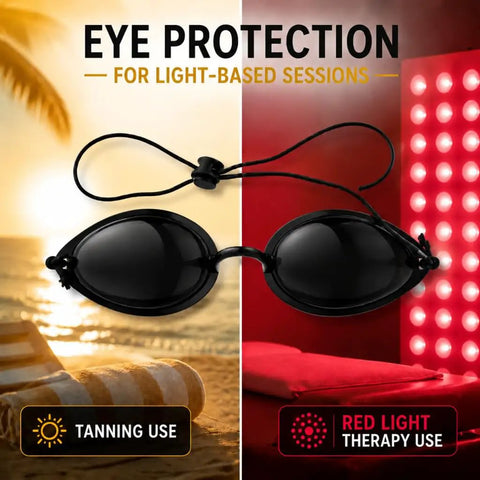 Top Shelf 4 Pack Semi Clear Safety Glasses For Tanning Beds And Sunbeds No Sweat Adjust Red Light Therapy Goggles With See Through Lenses and Laser Beauty Treatments displayed against beach and red light background.